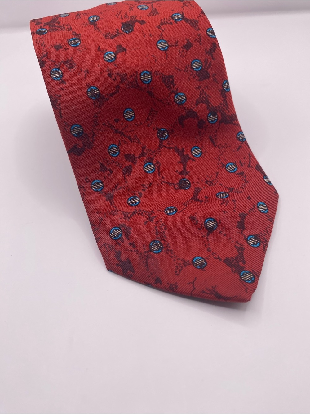 Givenchy Red Silk Tie with Blue Accent Dot Pattern